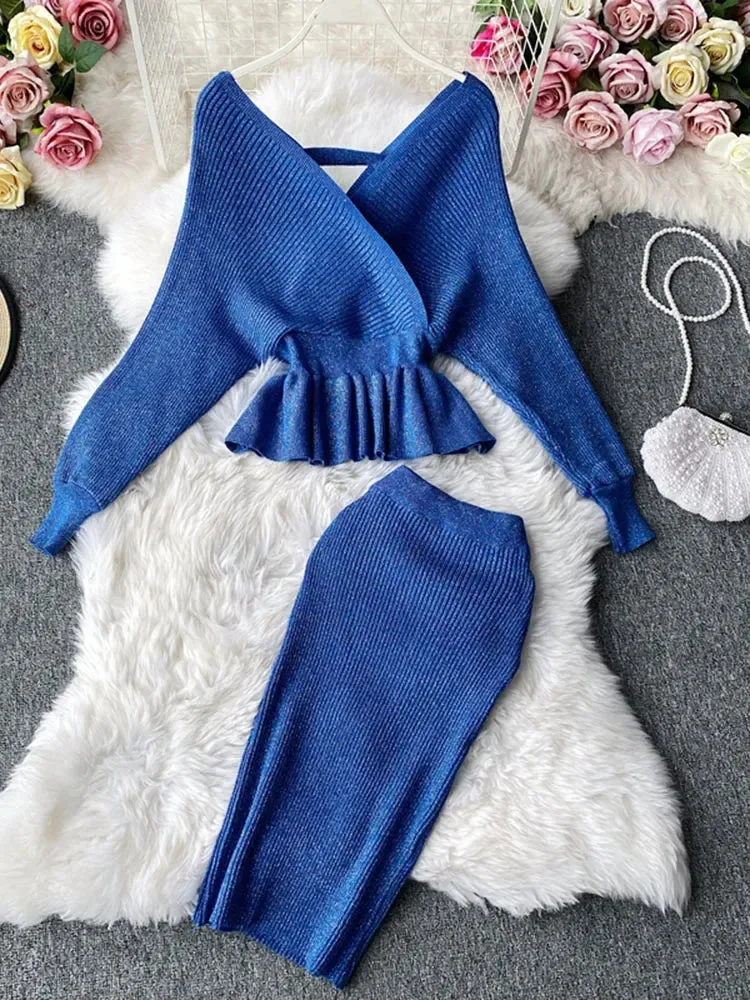 Znbbw Women's High Waist Bright Silk Knit Bag Hip Skirt Two-piece Fashion V-neck Sweater Bat Sleeve Two-piece Women's Sets GD123 - Image 3