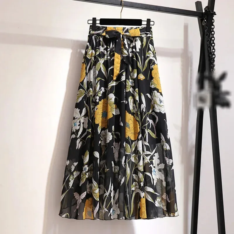 Znbbw Women Long Skirt Summer Beach Sunny Skirts Floral Bow Chiffon High Waist Skirt - Image 8