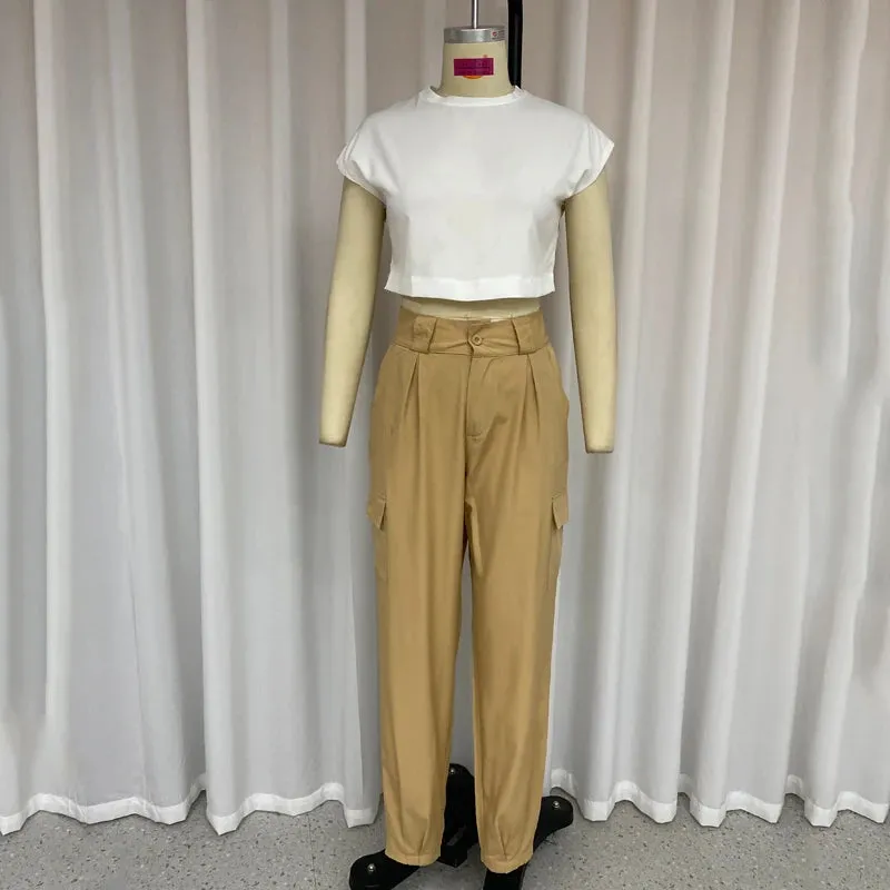 Znbbw Women Two Piece Set Summer Fashion Round Neck Sleeveless Top Casual Nipped Waist With Pocket Cargo Pants Sets Streetwear - Image 4