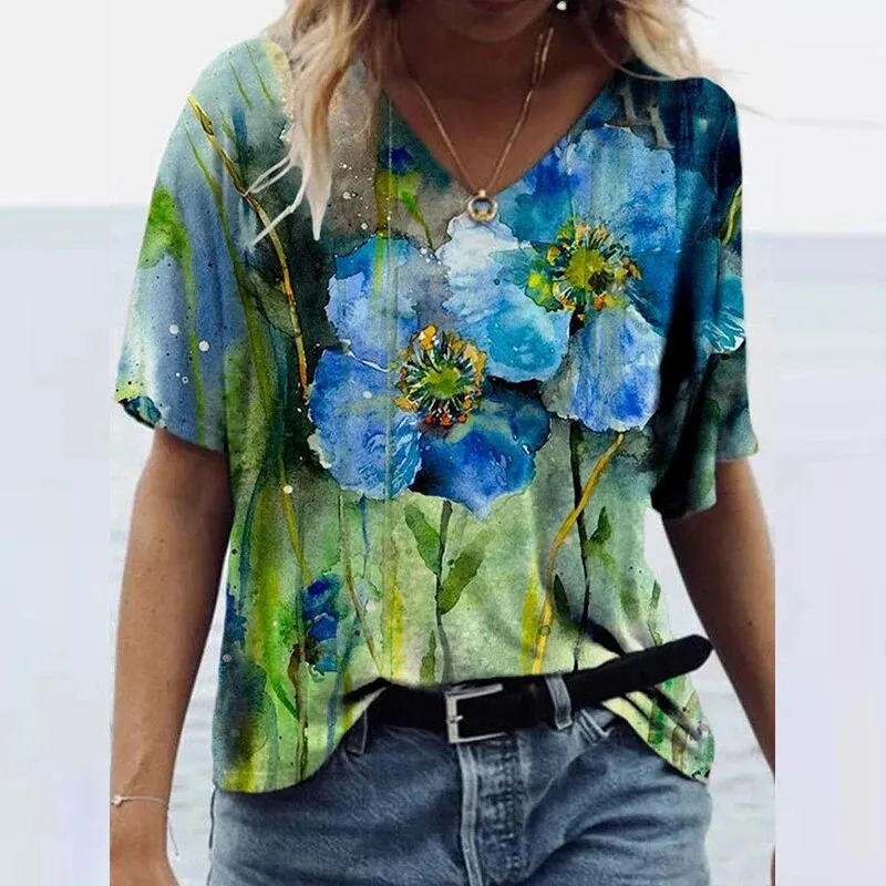 Znbbw 3D Floral Print T-shirts Women Fashion Short Sleeve Loose Tops Casual V-neck High Street Tee Plus Size Top Streetwear - Image 5