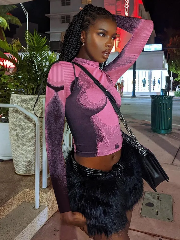 Znbbw Abstract Print Slim Fit T-Shirts Women O Neck Long Sleeve Crop Top 2023 Spring Fall Casual Lolita Y2K Clothes - Image 3