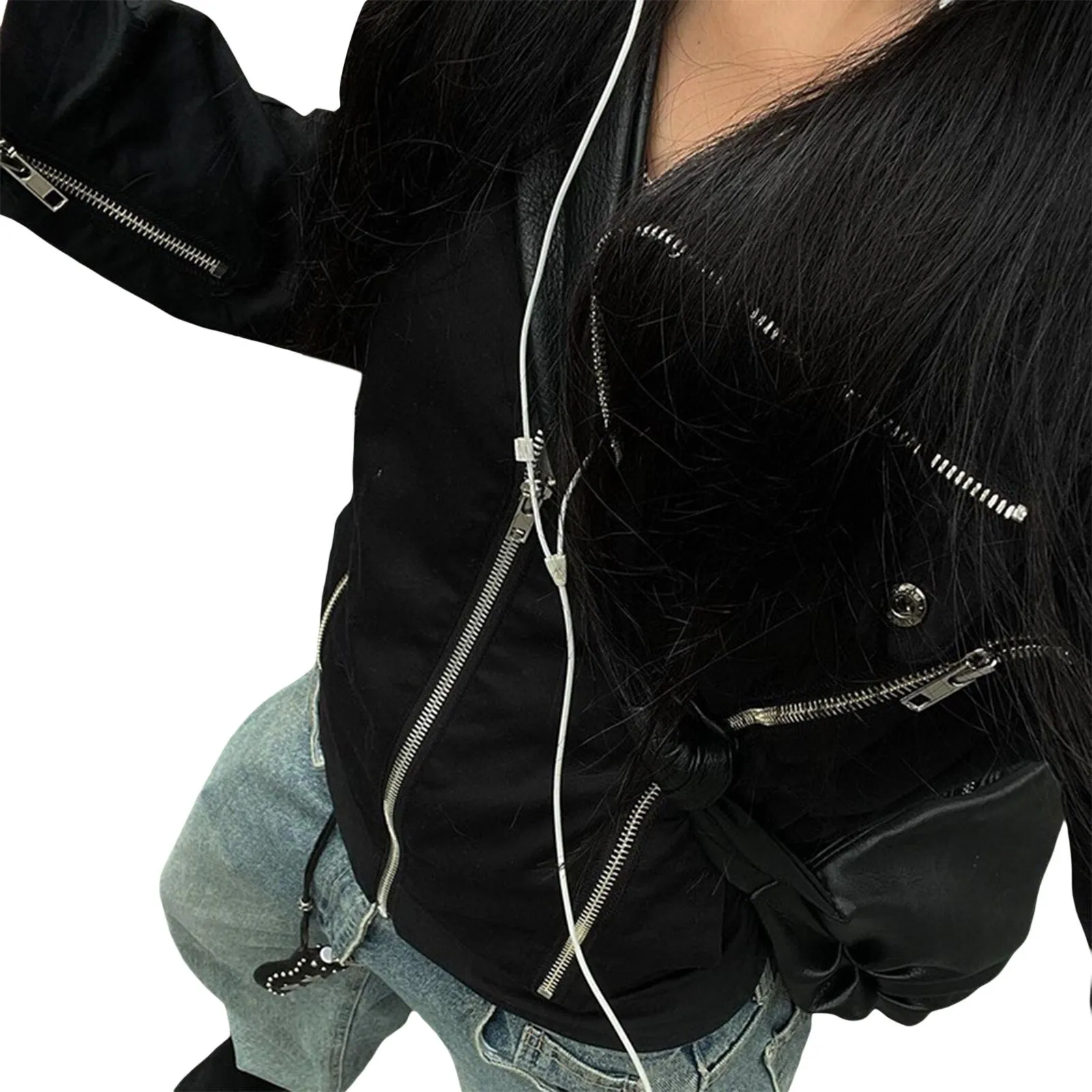 Znbbw Zipper Pockets Cargo Jackets Solid Turn Down Collar Vintage Grunge Korean Streetwear Casual Coat Women Autumn Outwear - Image 2