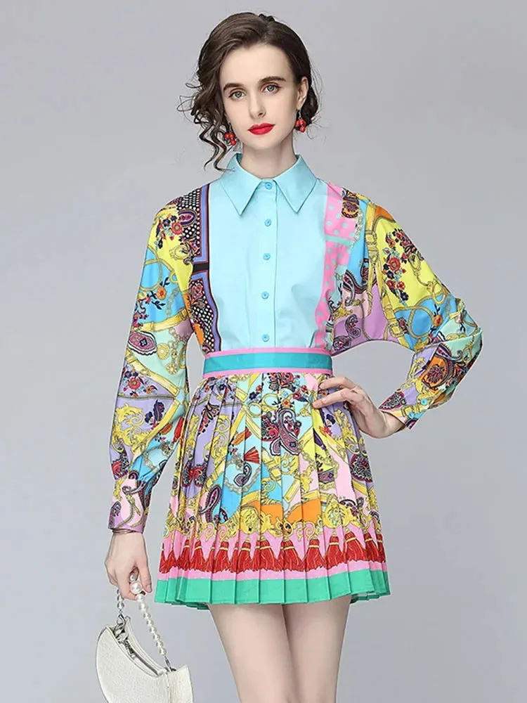Znbbw Autumn Fashion Temperament New Exotic Print Lapel Puff Sleeve Shirt Female High Waist Slim Skirt Suit C597 - Image 4
