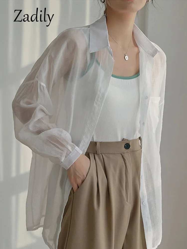 znbbw 2023 Summer Long Sleeve Chiffon White Shirt Women Transparent Button Sun Protection Ladies Blouse Beach Female Clothing - Image 4