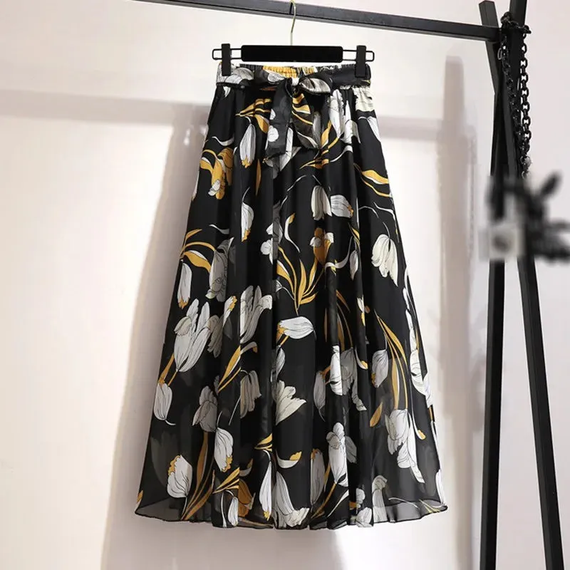 Znbbw Women Long Skirt Summer Beach Sunny Skirts Floral Bow Chiffon High Waist Skirt - Image 15