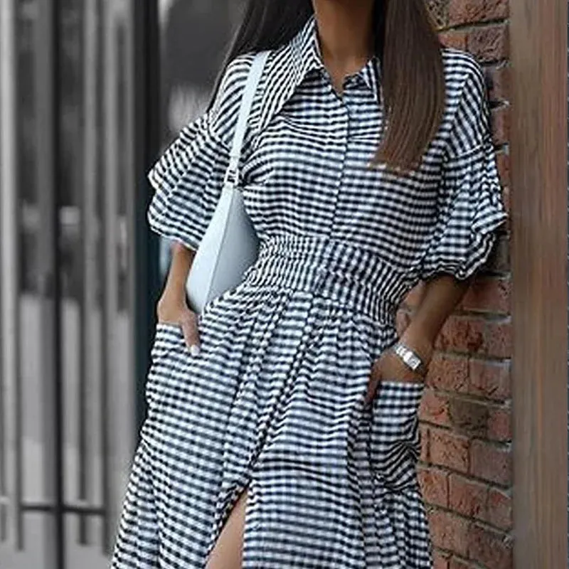 Znbbw Women Maxi Dress Summer Fashion Casual Lapel Puff Sleeve Lace Up Nipped Waist Print Beach Holiday Dresses High Streetwear - Image 2