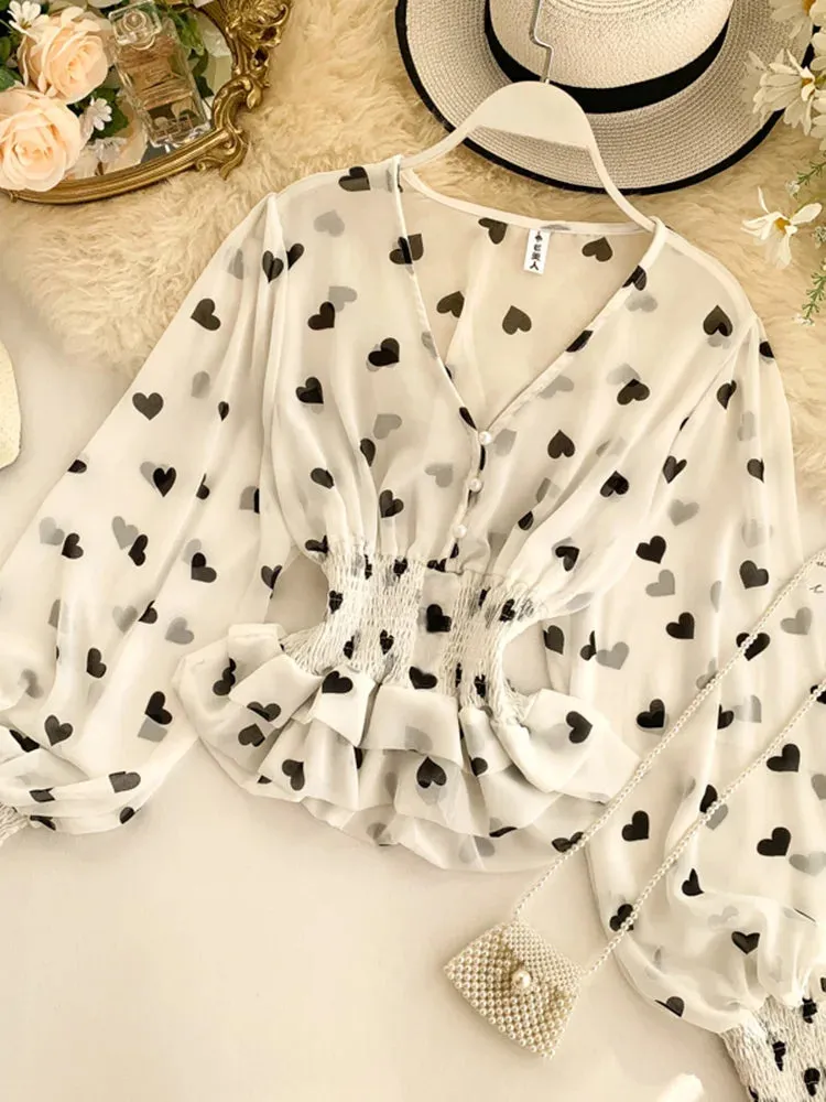 Znbbw Women's Love Print Chiffon Shirt Top Spring Autumn V-neck Puff Sleeve Elastic Waist Double-layer Ruffled Tops and Blouses ML702 - Image 10