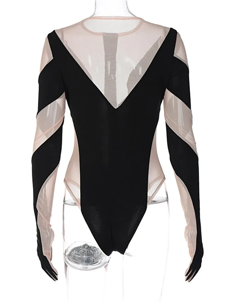 znbbw Autumn Sexy Mesh Patchwork Sheer Bodysuit Club Outfit For Women 2023 Long Sleeve O Neck See Through One Pieces Female - Image 5