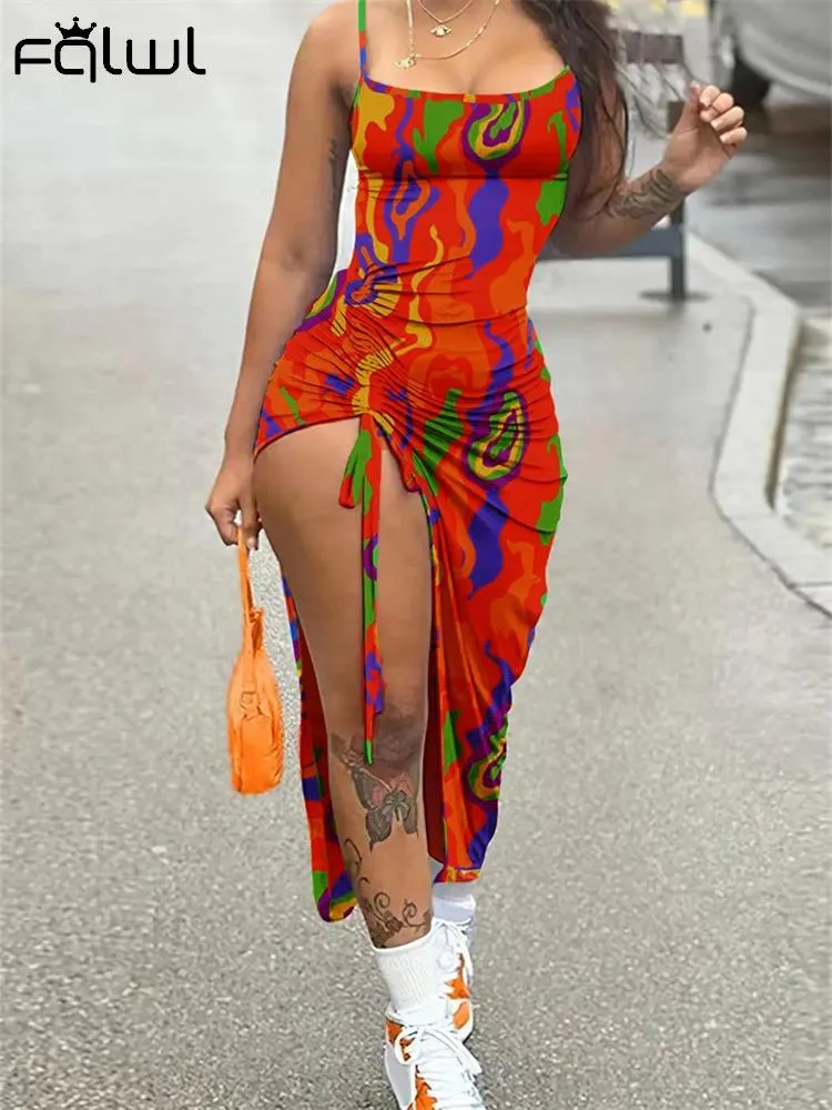 znbbw Red Printing Cami Long Dress Night Club Outfit For Women 2023 Summer Pink Bodycon Pleated Backless Split Maxi Dress 912 - Image 9