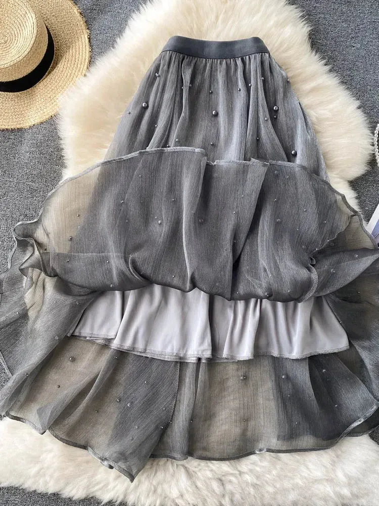 Znbbw Women's Spring Summer New Beaded Streamer Skirt All-match Mid-length Gentle Wind Skirt D0145 - Image 2