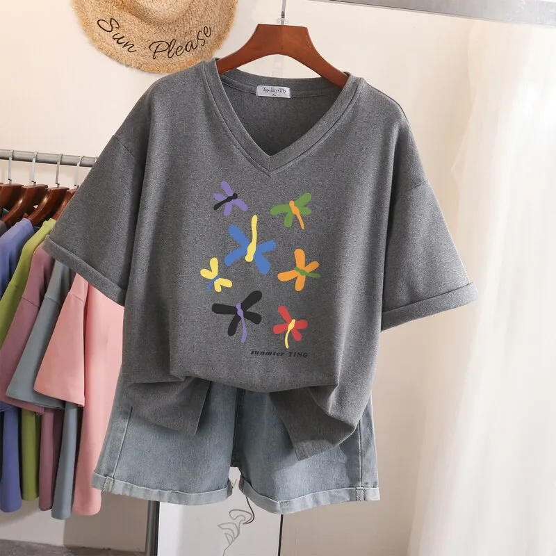 Znbbw 100% Cotton L-5XL T Shirt Plus Size Tshirt Short Sleeve Cartoon Women Top Summer Sweet Couple V Neck Oversized T Shirts - Image 13