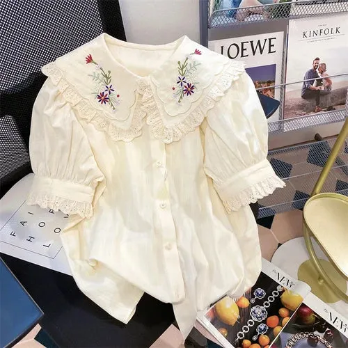 Znbbw Women Shirt Peter Pan Collar Floral Embroidery Hollow Out Ruffles Blouses French Casual Fashion Sweet Short Puff Sleeve Tops - Image 7