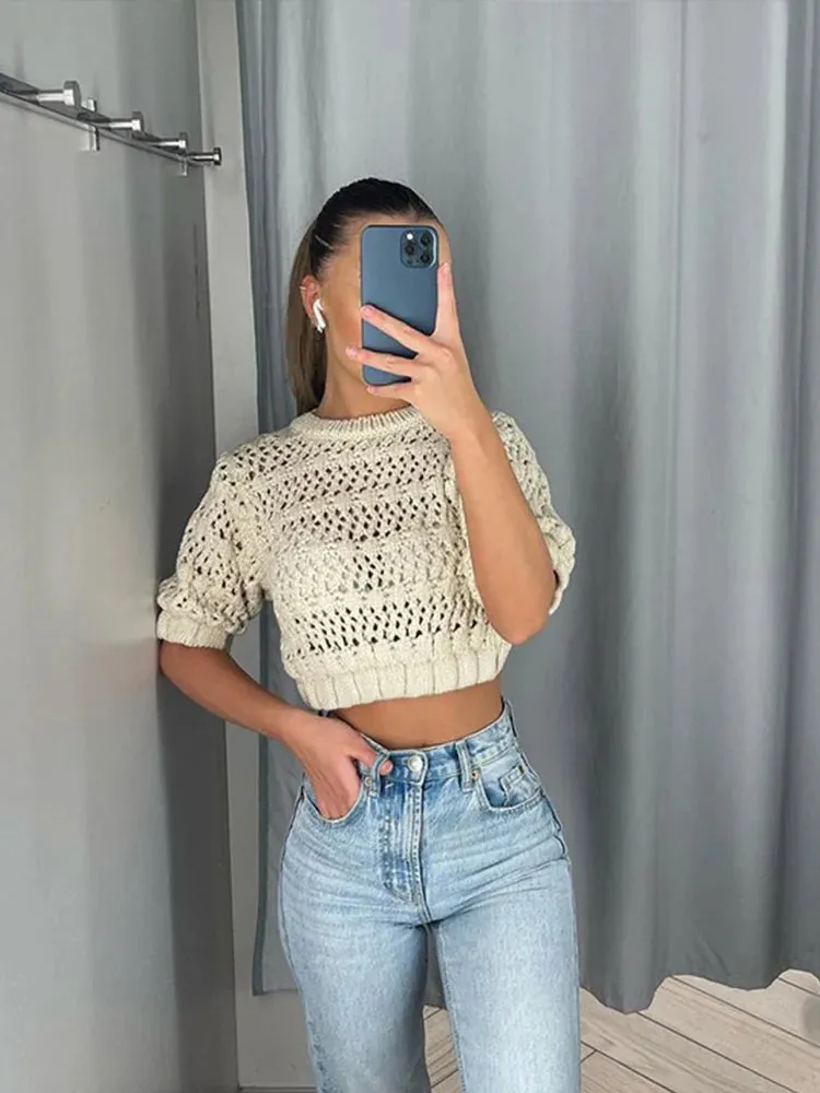 Znbbw Women Solid Knitted Crop Tops 2023 Summer Fashion Female Round-neck Short Sleeve Jacquard Mesh Shirt Lady Chic Streetwear Top - Image 4