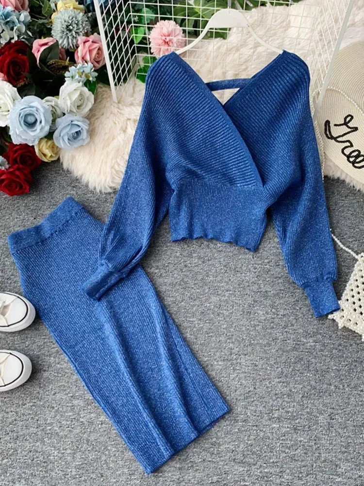 Znbbw Women's High Waist Bright Silk Knit Bag Hip Skirt Two-piece Fashion V-neck Sweater Bat Sleeve Two-piece Women's Sets GD123 - Image 9