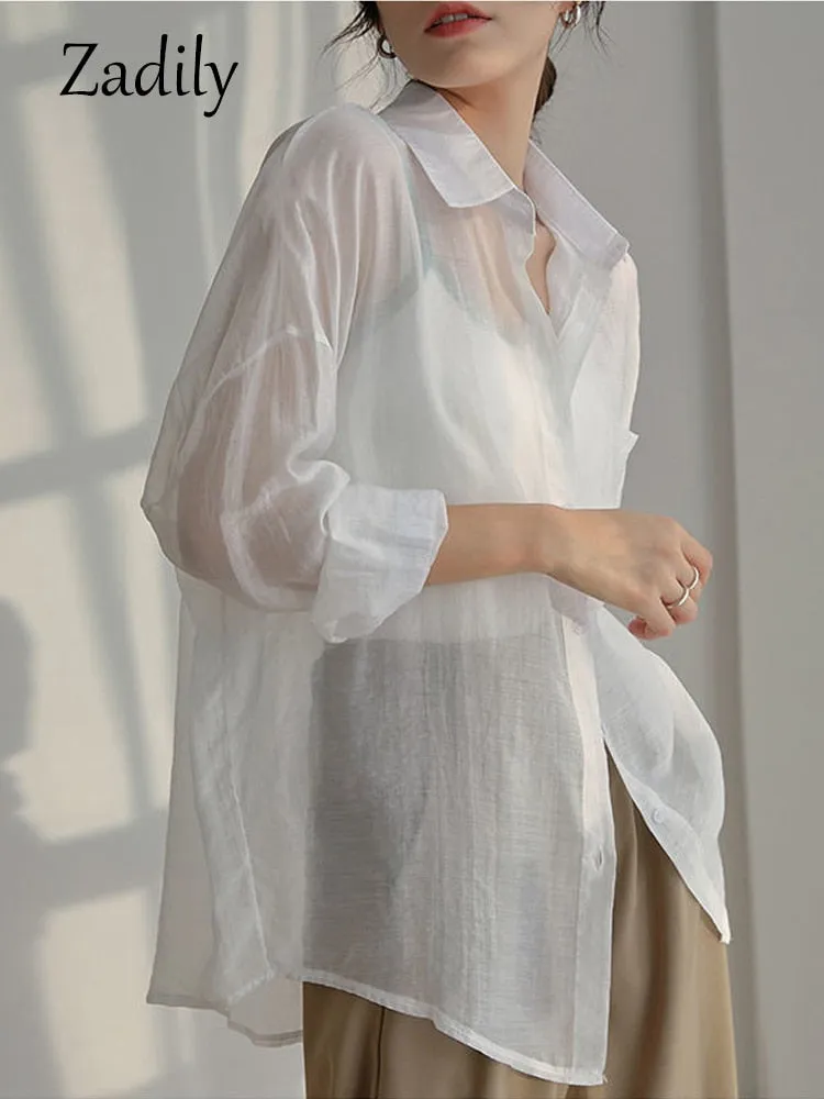 znbbw 2023 Summer Long Sleeve Chiffon White Shirt Women Transparent Button Sun Protection Ladies Blouse Beach Female Clothing - Image 3
