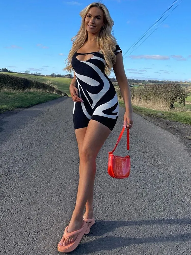 Znbbw Zebra Print Square Collar Slim Playsuits Women Short Sleeve Cut Out One Piece Rompers 2023 Summer Harajuku Y2K Clothes - Image 3