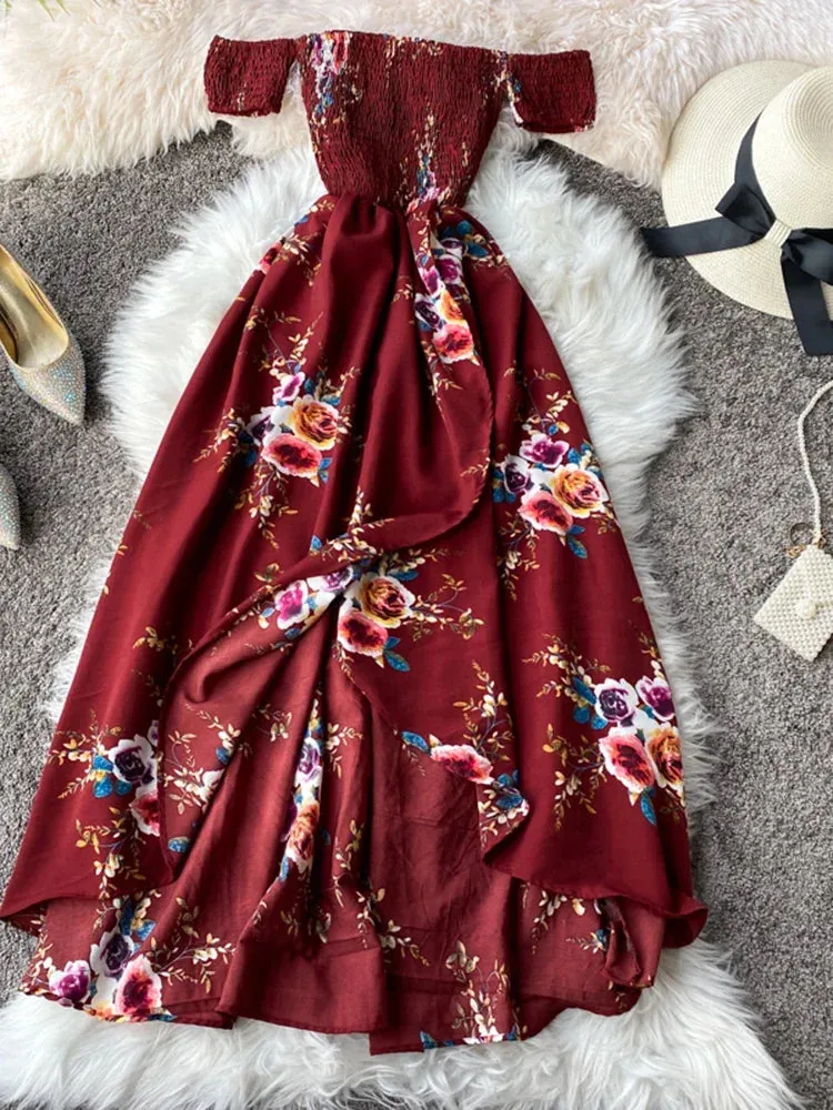 Znbbw Women's Irregular Slit Print Floral Long Dress One-way Neck Strapless Chest Wrap Short Sleeve Dresses LL006 - Image 7