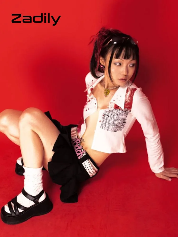 znbbw Y2K Bloodstain Print Long Sleeve Shirt Women Sexy Slim Button Female emo Crop Top Shirts 2023 Summer Club Blouse Tops - Image 7