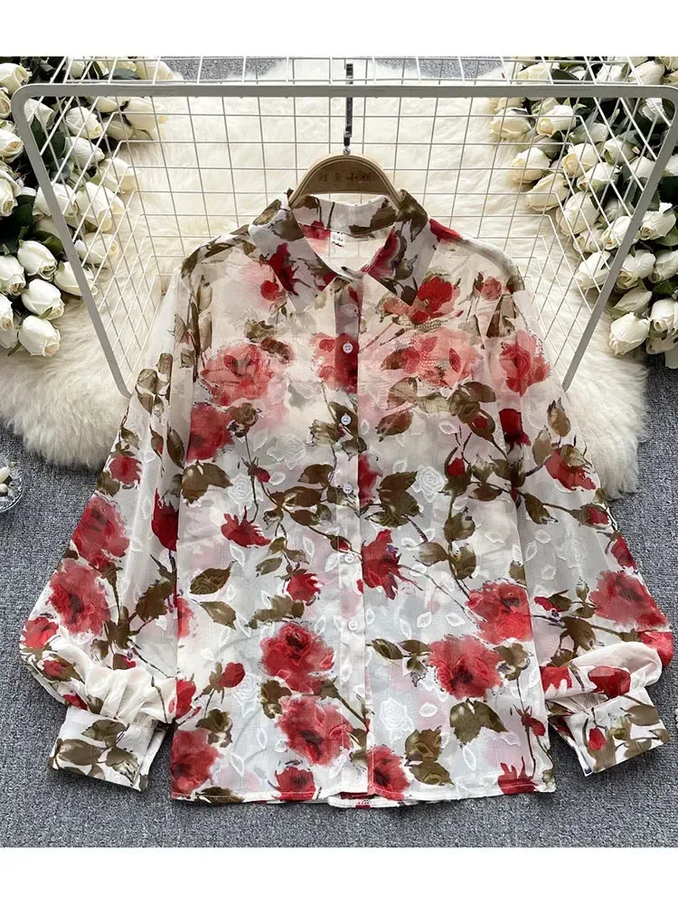 Znbbw Women Spring Shirt Korean Version Temperament High-end Floral Shirt with Bubble Sleeve Design Niche and Unique Top D5053 - Image 3