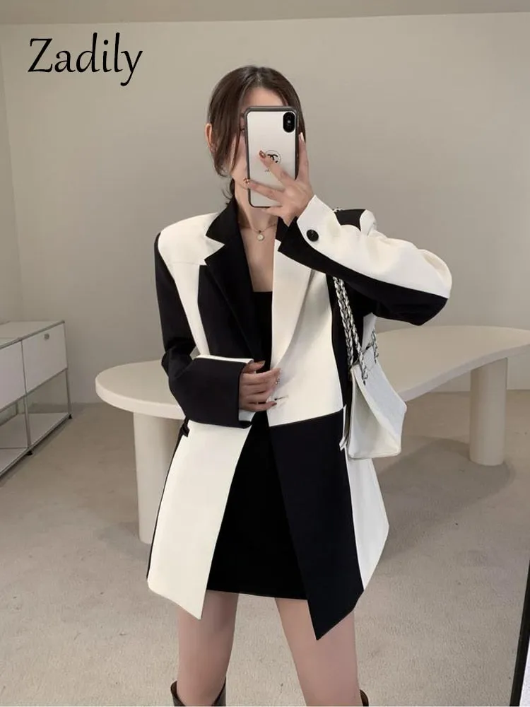 znbbw 2023 Herfst Oversize Volledige Mouw Vrouwen Lange Blazer Kantoor Dame Zwart Wit Patchwork Pak Blazer Werk Vrouwelijke Kleding Jas - Image 4
