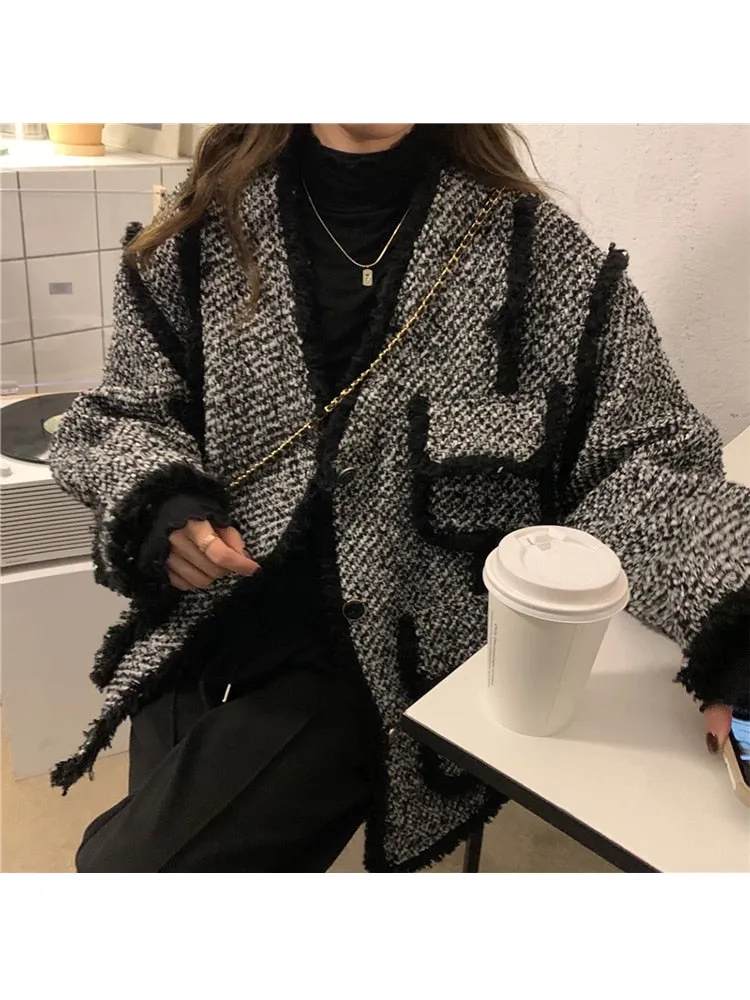 znbbw Women Woolen Tweed Coat 2023 Autumn Winter  Korean Style Sashes Waist Retro Vintage Gray Big Turn Down Collar Thicke Wool Coat - Image 3