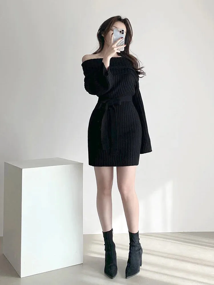 Znbbw Women's Korean Autumn Dress Elegant Temperament One-word Neck Off-shoulder Design Lace Waist Long-sleeved Knitted Dress D1794 - Image 4
