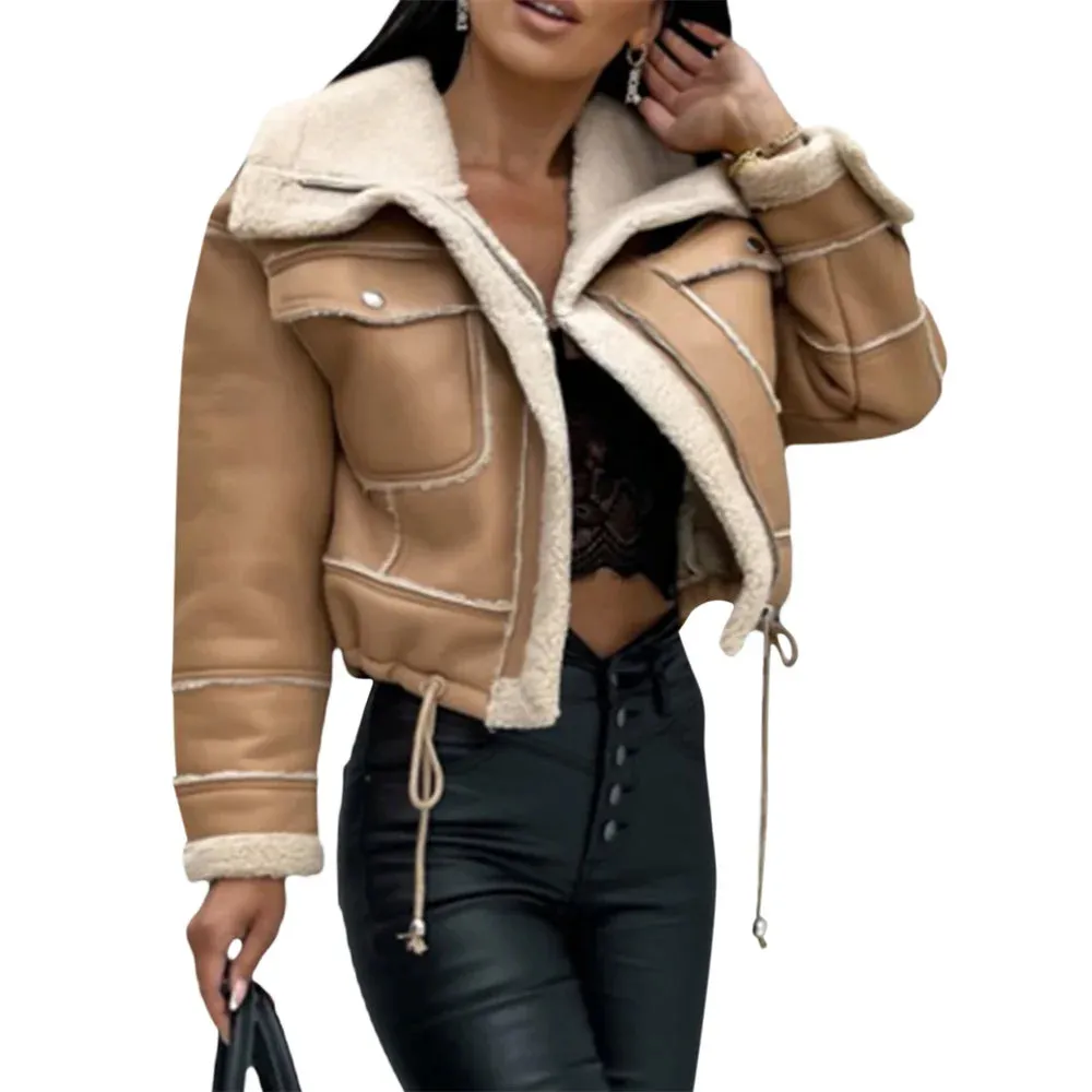 Znbbw Women PU Patchwork Warm Plush Jacket Fashion Winter Long Sleeve Zipper Short Coats Streetwear with Pockets Outwear - Image 8