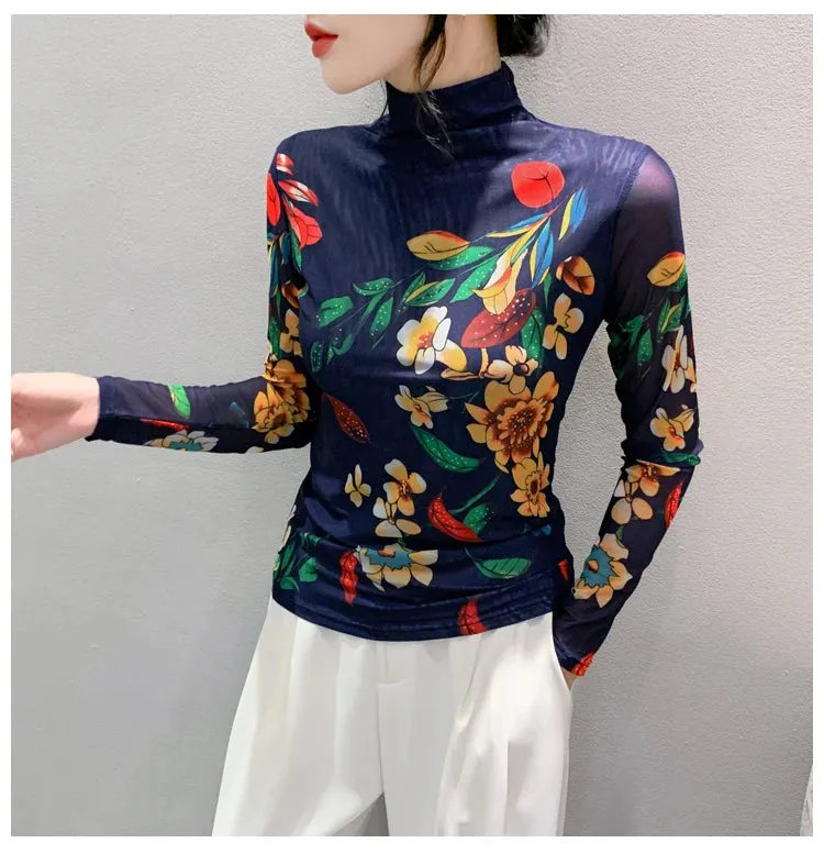 Znbbw Autumn Winter Women's Long Sleeve Turtleneck T-shirts Lady Positioning Printing Flowers TShirt FF0837 - Image 2