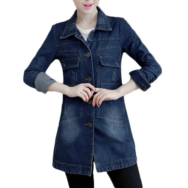 Znbbw Autumn Winter Korean Denim Jacket 5XL Women Slim Long Base Coat Women's Frayed Navy Blue Casual Female Jeans Jackets Coats - Image 4