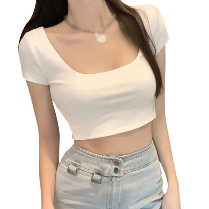 Znbbw Women Summer U-neck Short Short-sleeved T-shirt Women's Top Slim Square Neck Crop Top - Image 2