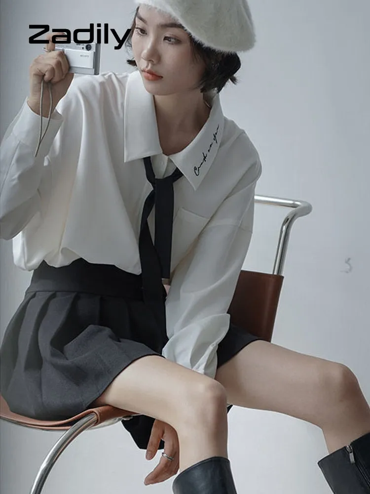 znbbw 2023 Spring Minimalist Long Sleeve Embroidery Shirt Women Korean Style Solid Tie Oversize Shirts Blouse Loose JK Tops - Image 6