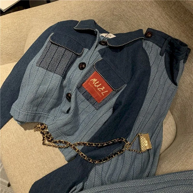 znbbw Women Two-piece Pant Set Imitation Denim Jacket + Wide Leg Long Trousers Casual High Street Fashion Office Lady Autumn 2023 - Image 5