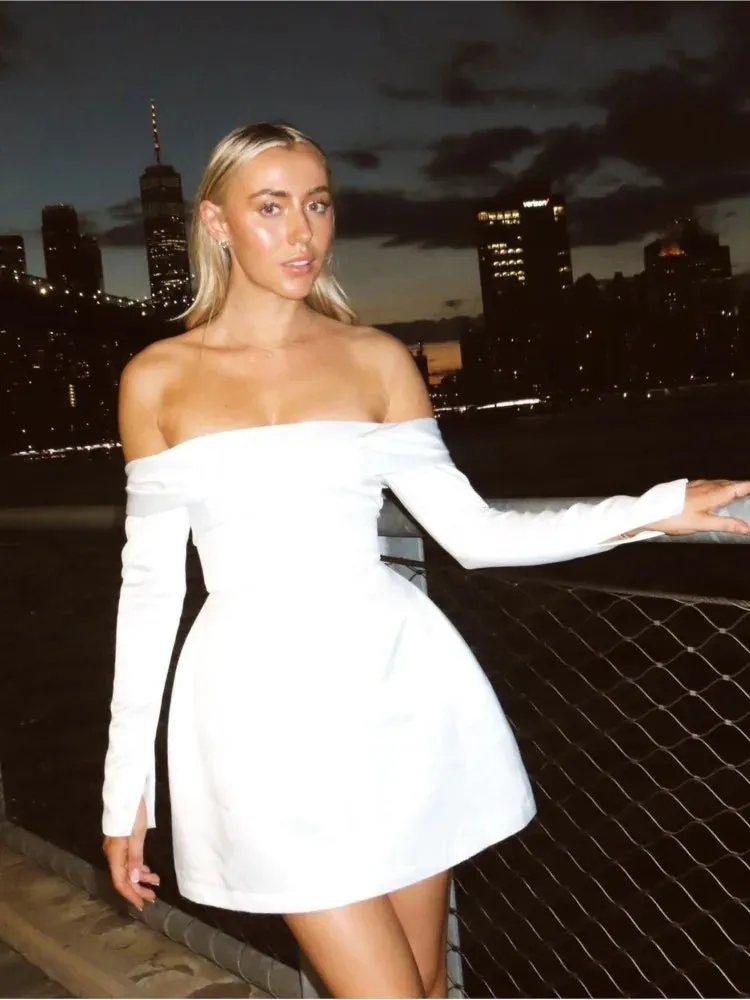 Znbbw Women Sexy Backless Off Shoulder Strapless Mini Dress Fashion Long Sleeve Single Breasted A-line Dress Elegant Party Club Robes 0410 - Image 3