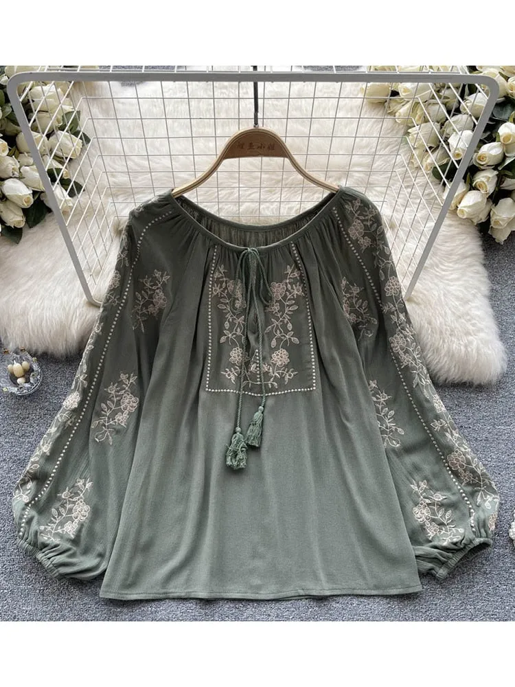 Znbbw Women Spring Summer Blouse French Printed Shirt New Loose Long Sleeve Design Small Retro Lantern Sleeve Embroidery Top D2532 - Image 3