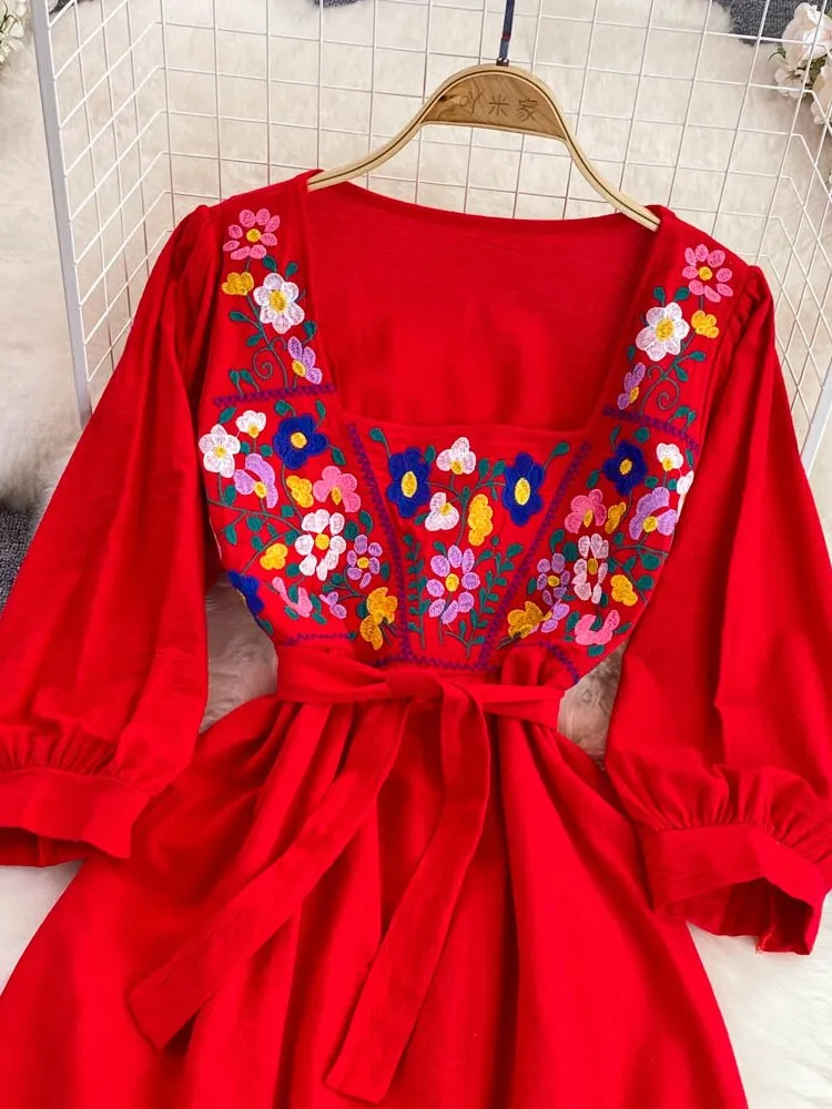 Znbbw Women Summer Dress Retro Bohemian National Style Square Collar Embroidery Seaside Holiday Big Hem Long Vestidos D2473 - Image 2