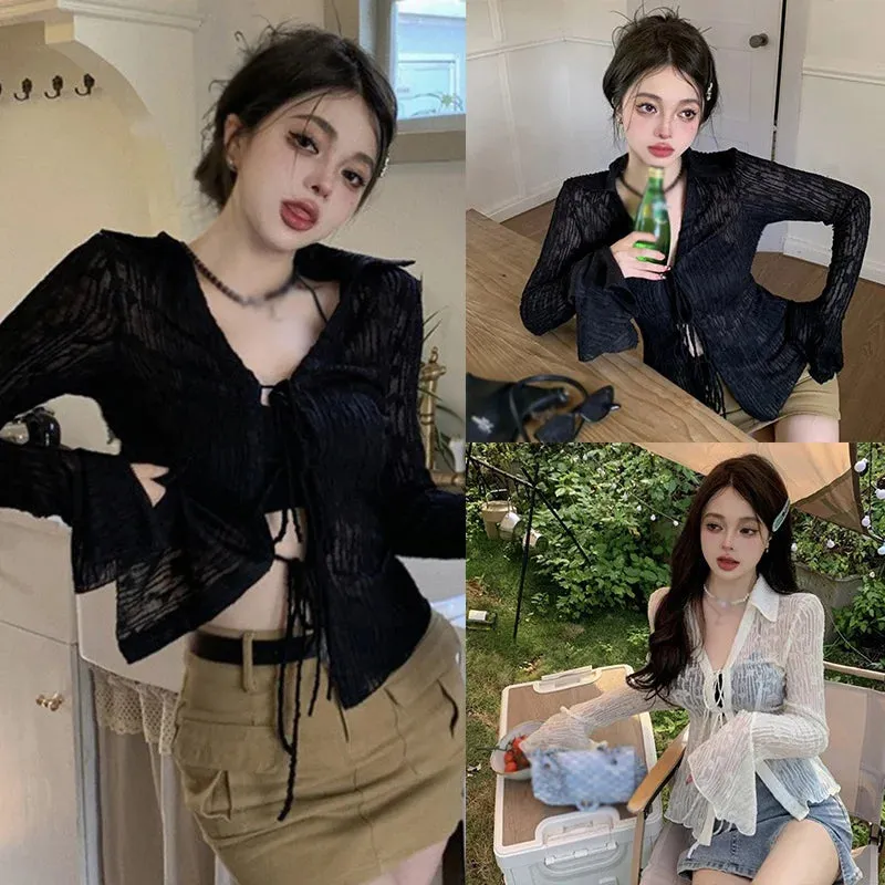 Znbbw Women's top Waist up Slim fitting Women's coat Air-conditioned shirt Sunscreen Cardigan Lace Lace up T-shirt - Image 2