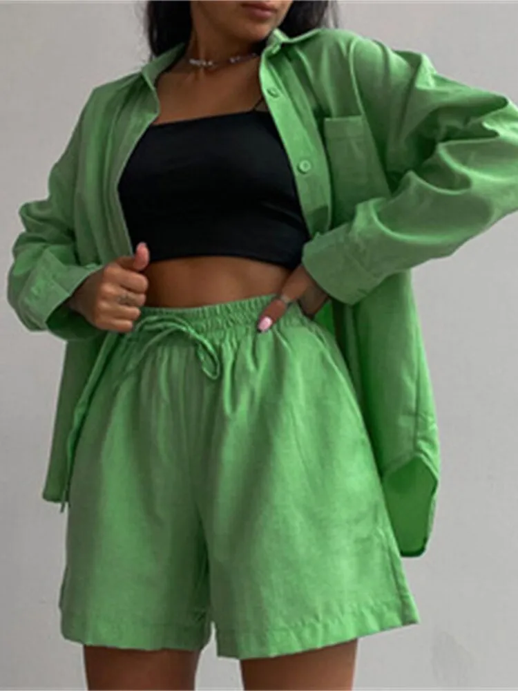 Znbbw Women Tracksuits Shirt Shorts Two Piece Sets Long Sleeve Blouse And Mini Shorts Suits Summer Casual Fashion Loose Female Outfits - Image 3