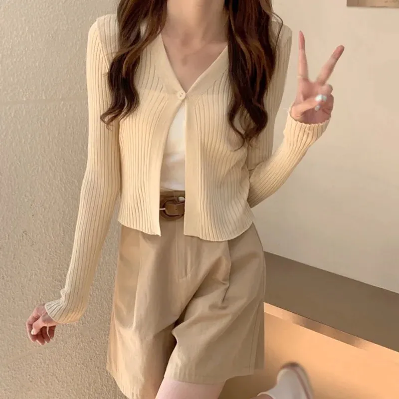 Znbbw Women Korean V Neck Solid Colour Button up Casual Long Sleeves Knitted Cardigan T-shirt - Image 2