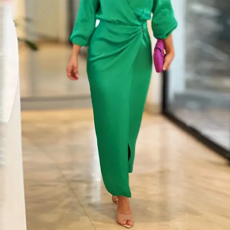 Znbbw Women Maxi Dresses Fashion Elegant Long Sleeve Lapel V Neck Pleated Solid Single Slit Beach Party Dresses - Image 2