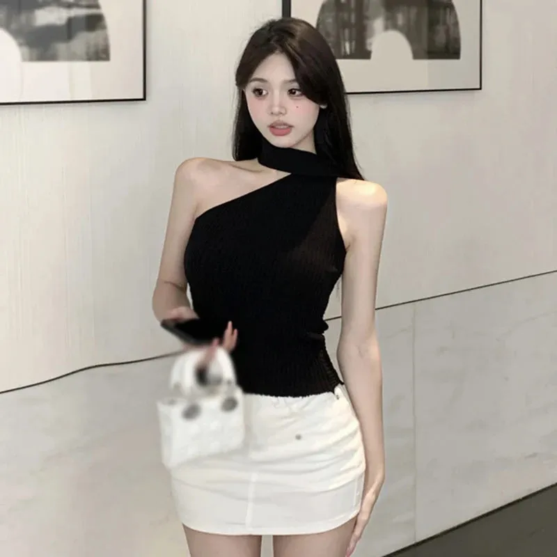 Znbbw Women's Crop Top Korean Summer Shoulder Hanging Neck Slim Fit Versatile Knitted Sleeveless Suspended Tank Top - Image 8