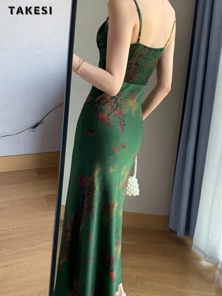 znbbw Women Spaghetti Strap Elegant Floral Printing Long Dress Summer Sleeveless Bodycon Slim Vintage Satin Vestidos Female Chic Robe - Image 6
