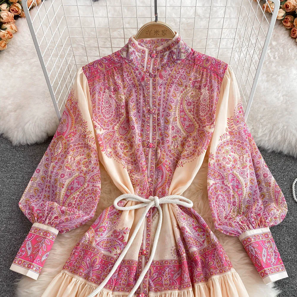 Znbbw Women's Spring Summer Dress 2023 Runway Fashion Lantern Sleeve Turtleneck Single Breasted Flower Printed Party Maxi Vestidos - Image 3