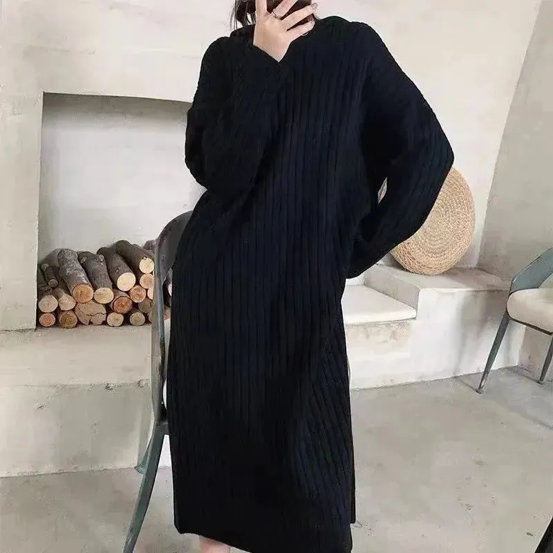 Znbbw Hooded Knitted Dress Women Solid Oversized Midi Dresses Winter Korean Elegant Thicken Loose Casual All Match Vestidos - Image 4