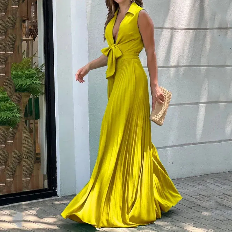 Znbbw Women Jumpsuit Summer Fashion V Neck Sleeveless Lapel Solid Pleated Lace Up Loose Wide Legs Romper High Streetwear