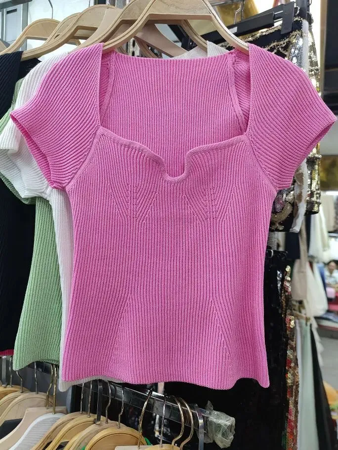 Znbbw Women V-neck Knitted Short Sleeve Draw String T-shirts Crop Tops Girls Knitting Stretchy Cropped Sheath Tee Shirts For Female - Image 6