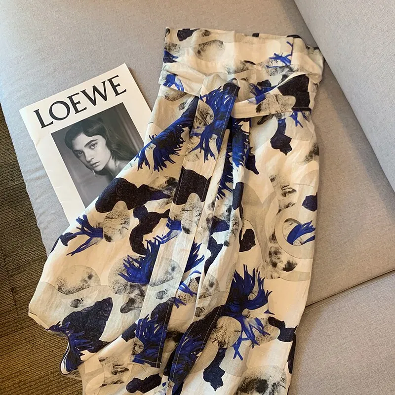 znbbw Women's Two Piece Set Sex Black Cropped Tops Ink Splash Floral Print Shirt Draped Skirt Summer Fashion Casual Dress Sets - Image 2