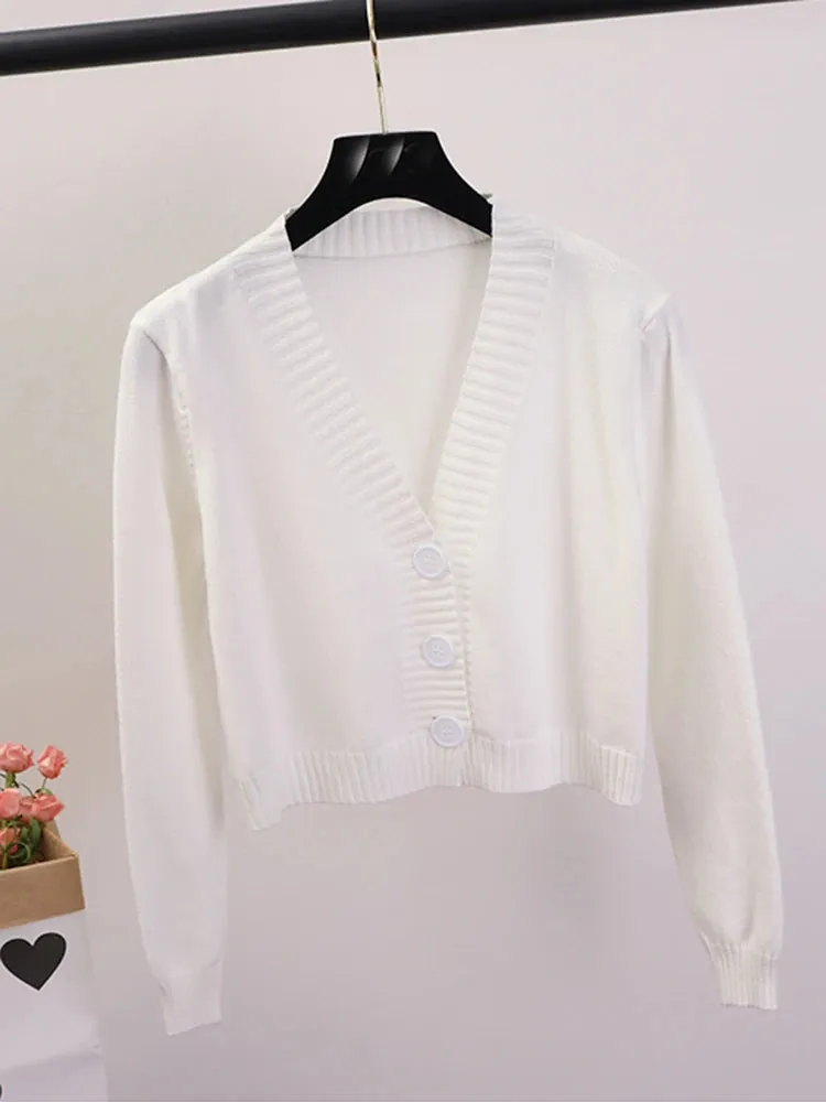 Znbbw Women's Cropped Cardigan Sweaters Female Black White Short Sweater V Neck Single Breasted Sweater Woman Knitted Cardigan GD153 - Image 3