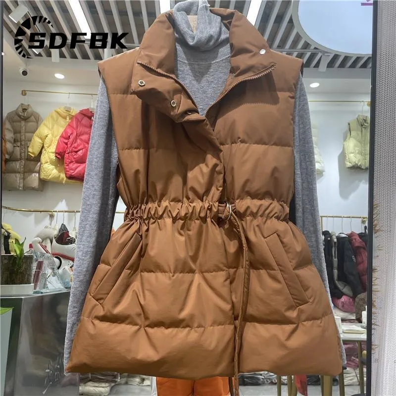 Znbbw Womens Down Vest Autumn Winter Solid Loose Drawstring Belt Stand Collar Windproof Lightweight Waistcoat Sleeveless Warm Vests - Image 3