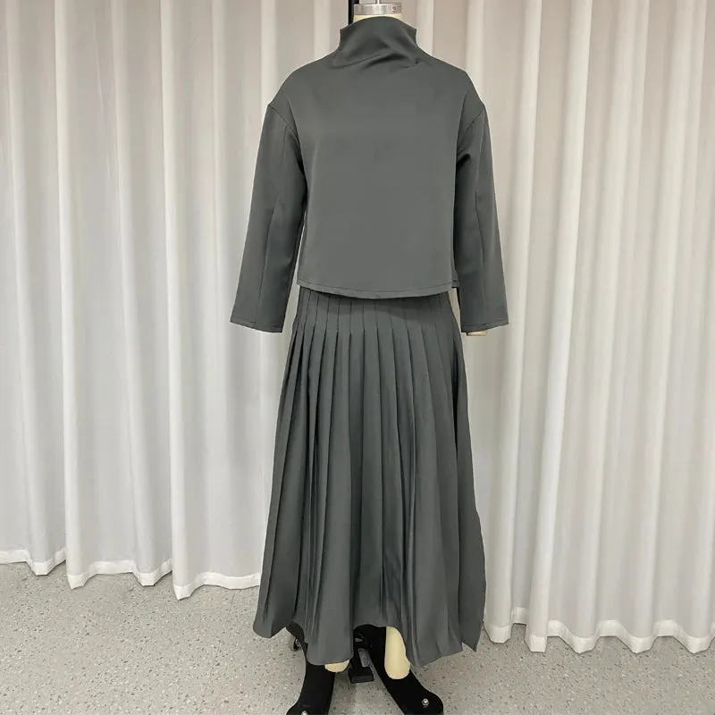 Znbbw 2 Piece Set Women Autumn Casual Solid Round Neck Long Sleeve Pullover Top Loose Irregular Pleated Skirt Sets Streetwear - Image 3