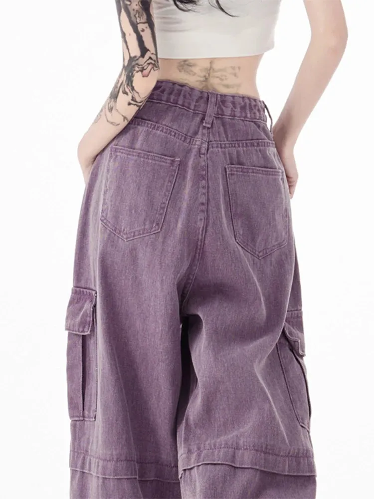 Znbbw Women's Vintage Purple Jeans Baggy High Waist Denim Trouser Korean 90s 2000s Y2k Punk Harajuku Aesthetic Wide Leg Pants Clothes